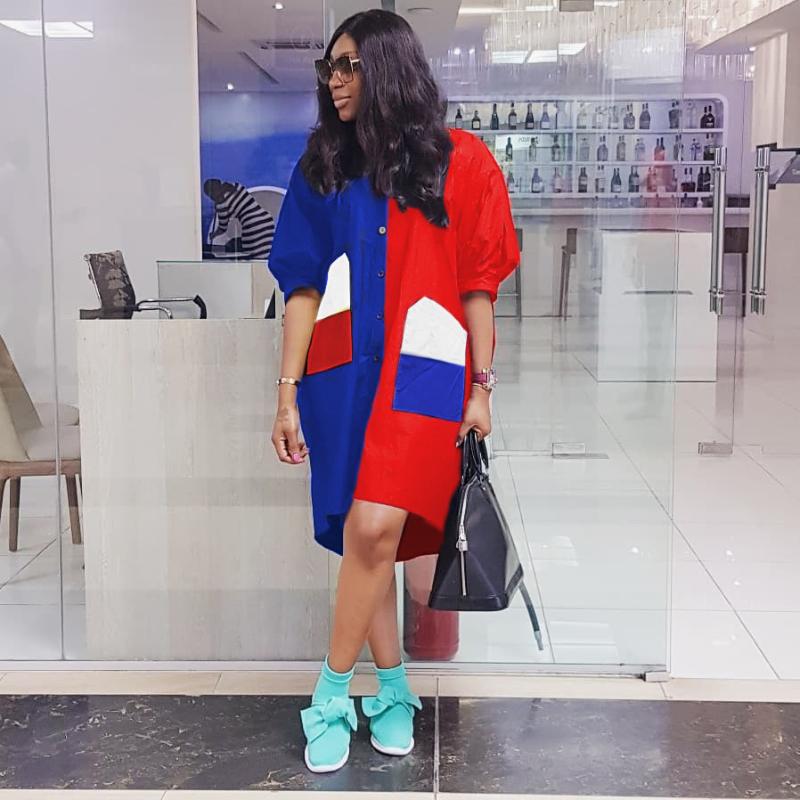 

Women Clothing European And American Women Casual Patched Puff Sleeve Trench Coat Jacket Fashion Wild, Red and blue