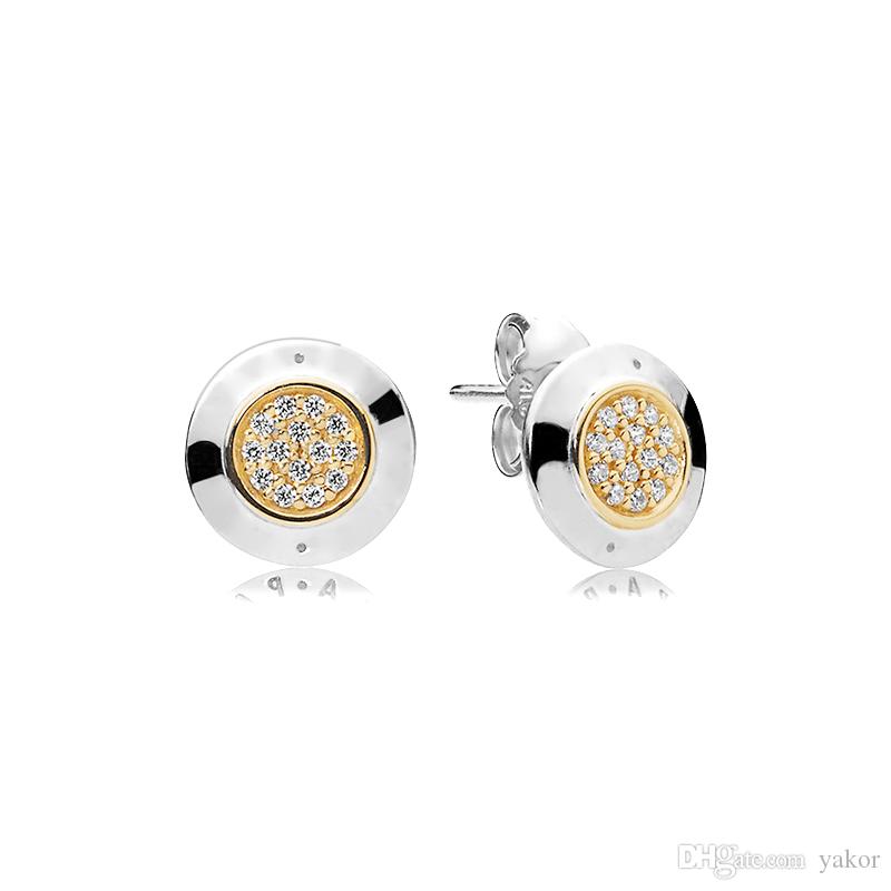 

Classic design Round Disc 14K Gold plated Stud EARRING set Original box for Pandora 925 Silver CZ Diamond Earrings for Women