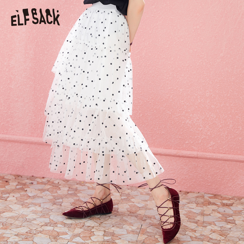 

ELF SACK Fashion Dot Tulle Skirt Asymmetrical Women Long Skirt Japan Style Sweet Basis Femme Skirts 2019 New Summer Skirts, Beige