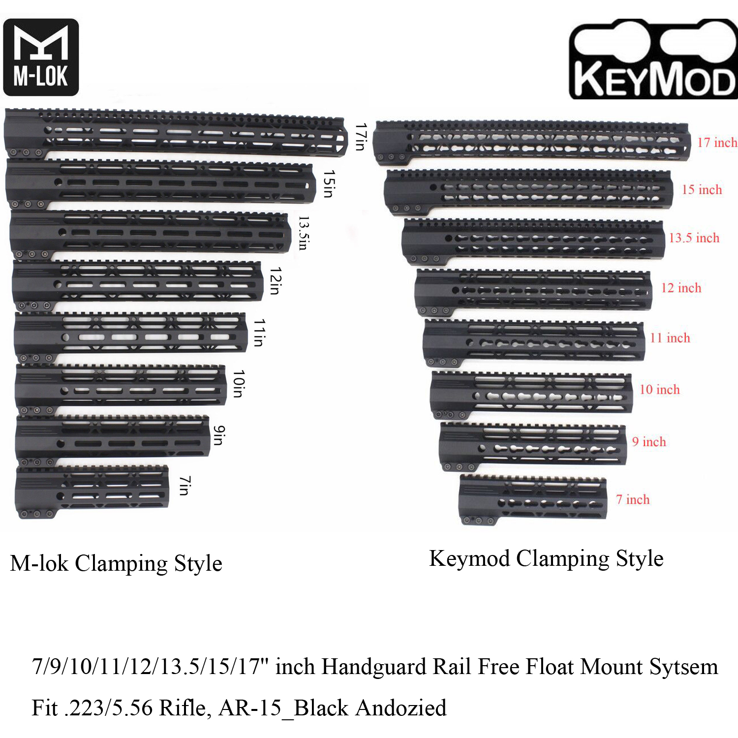 

7/9/10/11/12/13.5/15/17'' inch Keymod/M-lok Clamping Style Handguard Rail Picatinny Mount System_Black Anodized