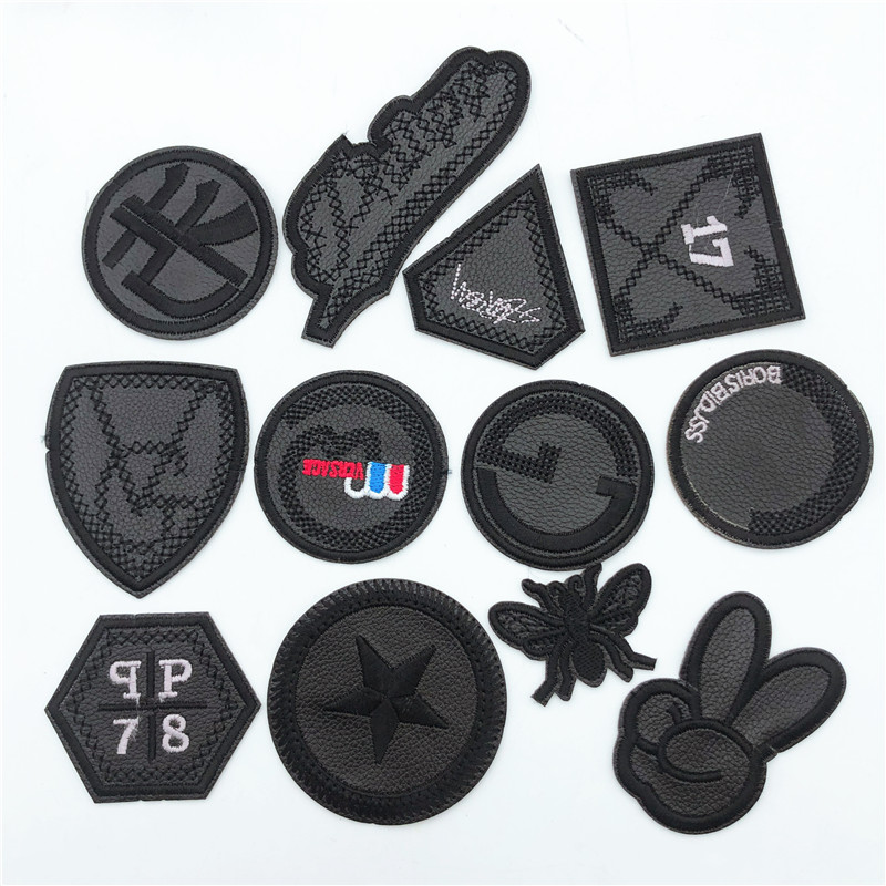 

120pcs Patches For Clothes Iron On Black PU Leather Appliques Badge Military Embroidery