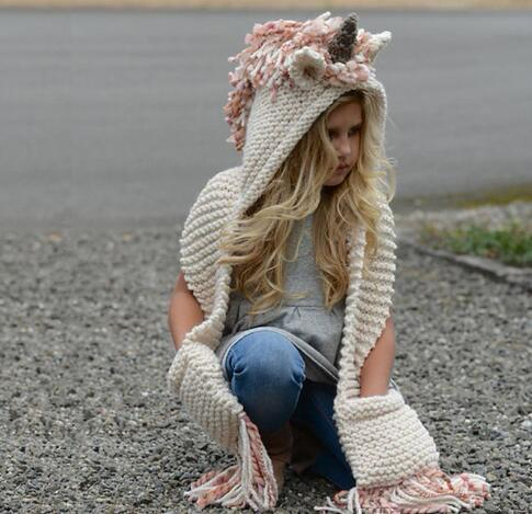 

Lovely Unicorn Baby Knitted Hats with Scarf Set Winter Windproof Kids Boys Girls Warm Shapka Caps for Children Scarf Beanies Caps GB1668