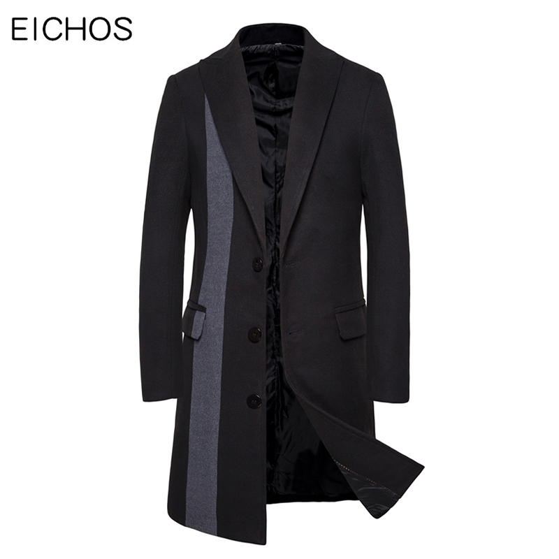 

Mens Overcoat Autumn Single Breasted Long Jacket Men Fashion Color Block Patchwork Trench Coat Long Sleeve Woolen Blend Outwear, Black