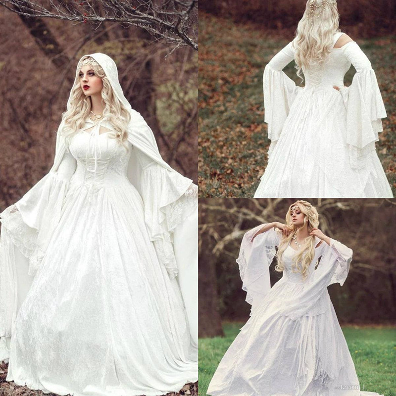 

2020 Vintage Gothic Wedding Dresses Satin Lace A Line Sweep Train Bohemian Wedding Dress Custom Made Long Sleeve Bridal Robes De Mariée, Ivory