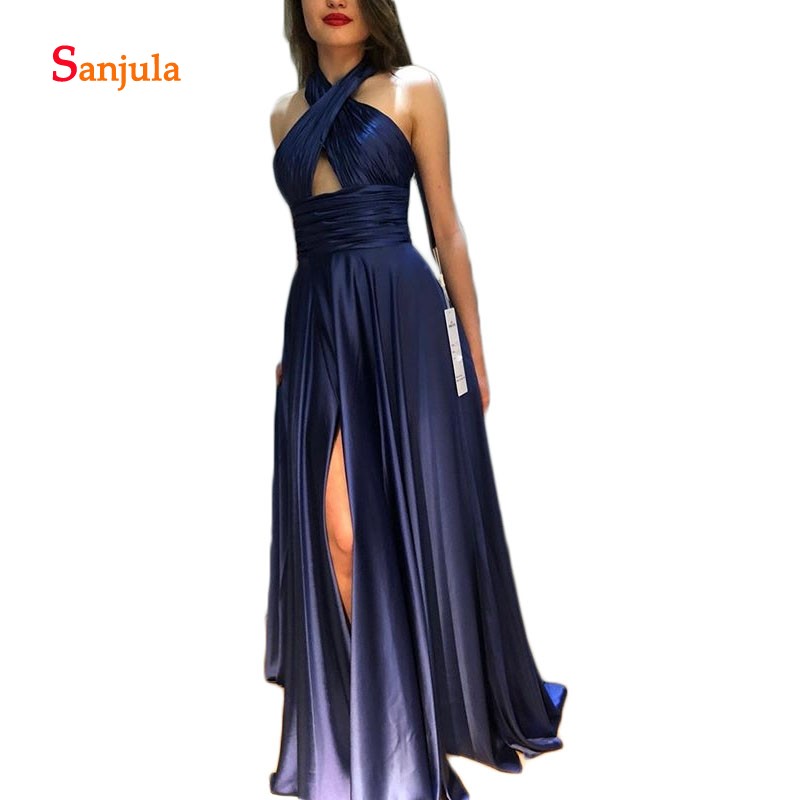 

Navy Blue Satin Prom Dresses A-Line Halter Keyhole Front Pleats Girls Graduation Gowns Long Leg Split vestido de noche D1516, Brown