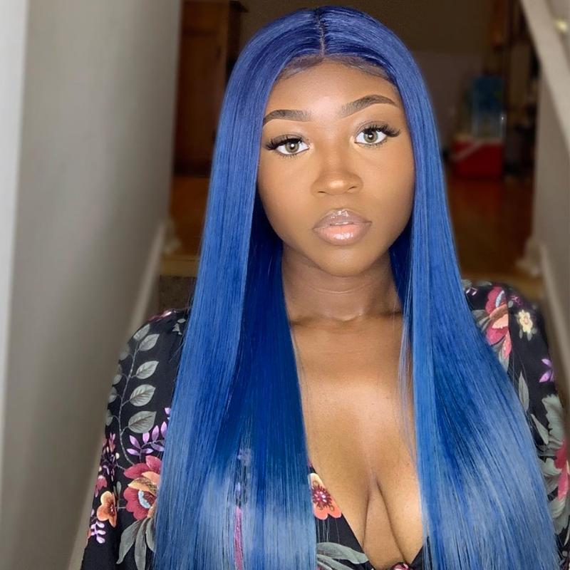 

Blue Lace Front Human Hair Wigs Straight Colored Human Hair Wigs For Black Women Inch Pre plucked Lace Front Wig full, As pic