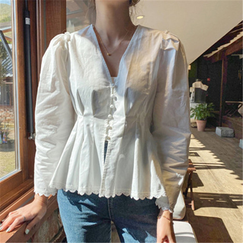 

Alien Kitty Korean Early Spring Chic Lace Single Breasted V-Neck Long Sleeve Shirt 2020 Gentle White Solid All Match Blouses, Photo color