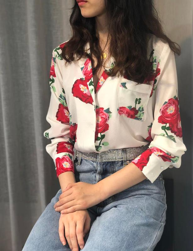 

Women Shirt Rose Flower Silk Shirt Retro Lapel Long Sleeve, White