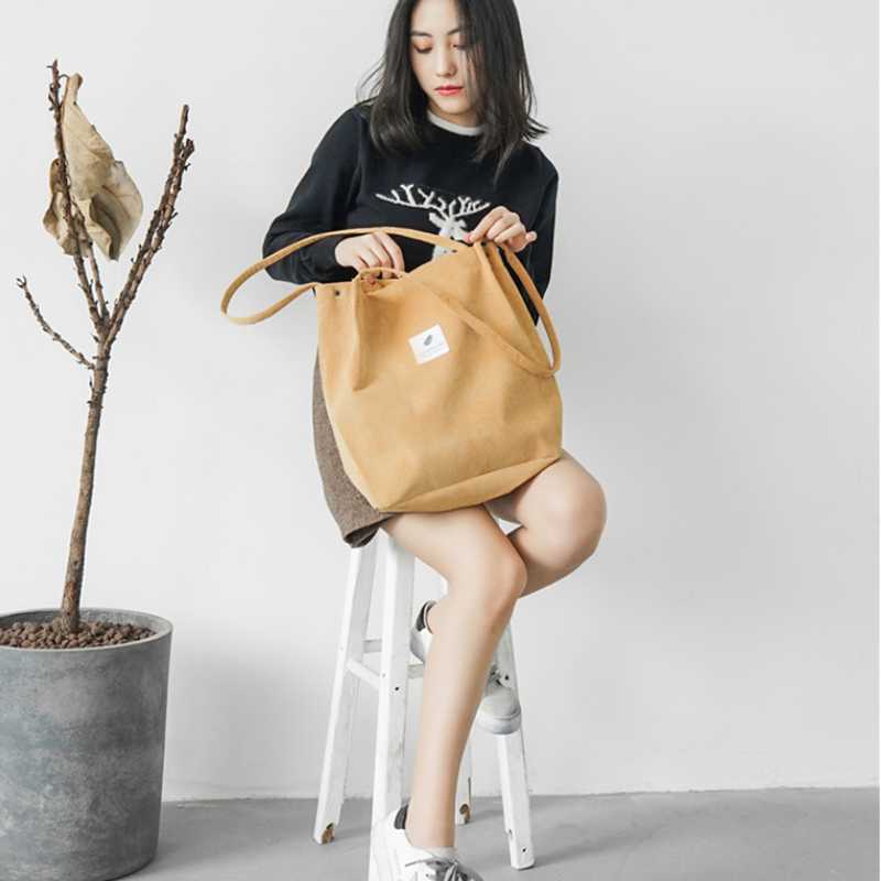 

High Capacity Women Corduroy Tote Ladies Casual Shoulder Bag Foldable Reusable Shopping Beach Bag Solid Corduroy Shoulder Bags, Black