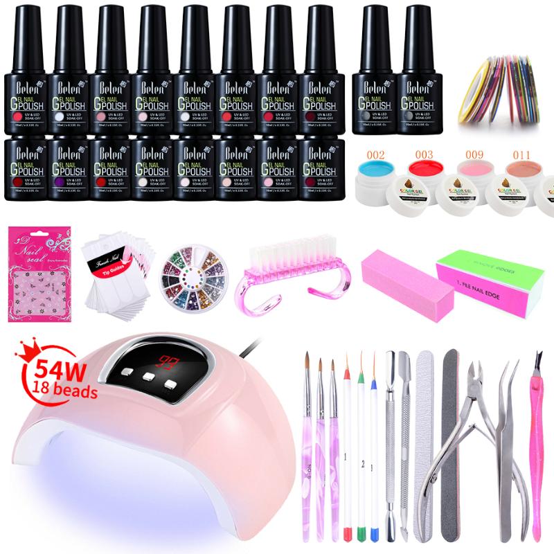 

Belen Nail 33Pcs Set with 54W UV LED Nail Lamp Optional 6 Color Gel Polish with Base Top Coat Extension Gel Electric drill