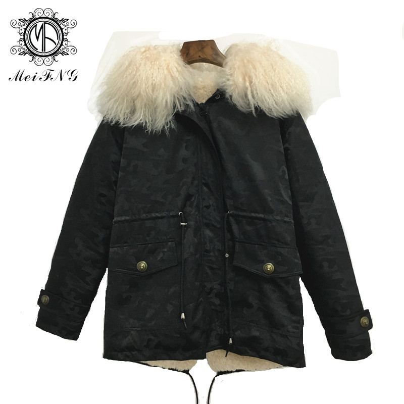

Parkas 2019 Popular Camouflage Jacket Short Real Lamb Fur Collar Casual Jacket Men With Hoodies, Black