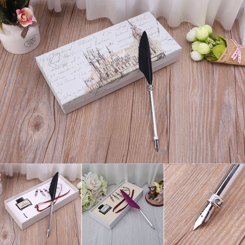 

Antique Feather Metal Nibbed Pen Dip Writing Quill With Ink Steel Tips Gift Box L41E, Red