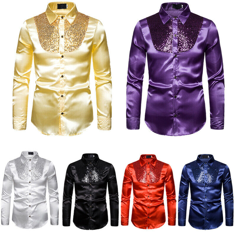Men Silk Satin Shirts Fashion Sequin Ruffle Top Luxury Casual Business Club Slim Formal Night Party Shirts