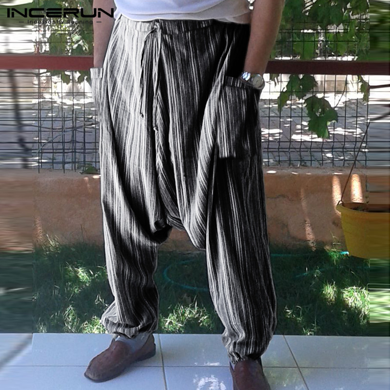 

INCERUN Striped Drop Crotch Harem Pants Men Baggy Hip-hop Ethnic Style Joggers 2020 Vintage Trousers Mens Pants Streetwear 5XL 7, Green pants