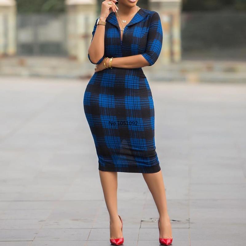

Blue Plaid Women Bodycon Dress Summer Vintage Office Lady Work Midi Dresses Robe African 2020 High Waist Retro Female Dress