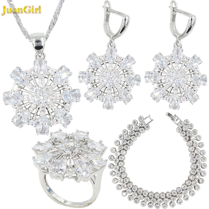 

Fashion 925 Silver Wedding Jewelry Sets for Women White Necklace Set Earrings Bracelet Ring Necklaces Pendants Presents for Wife, As pic