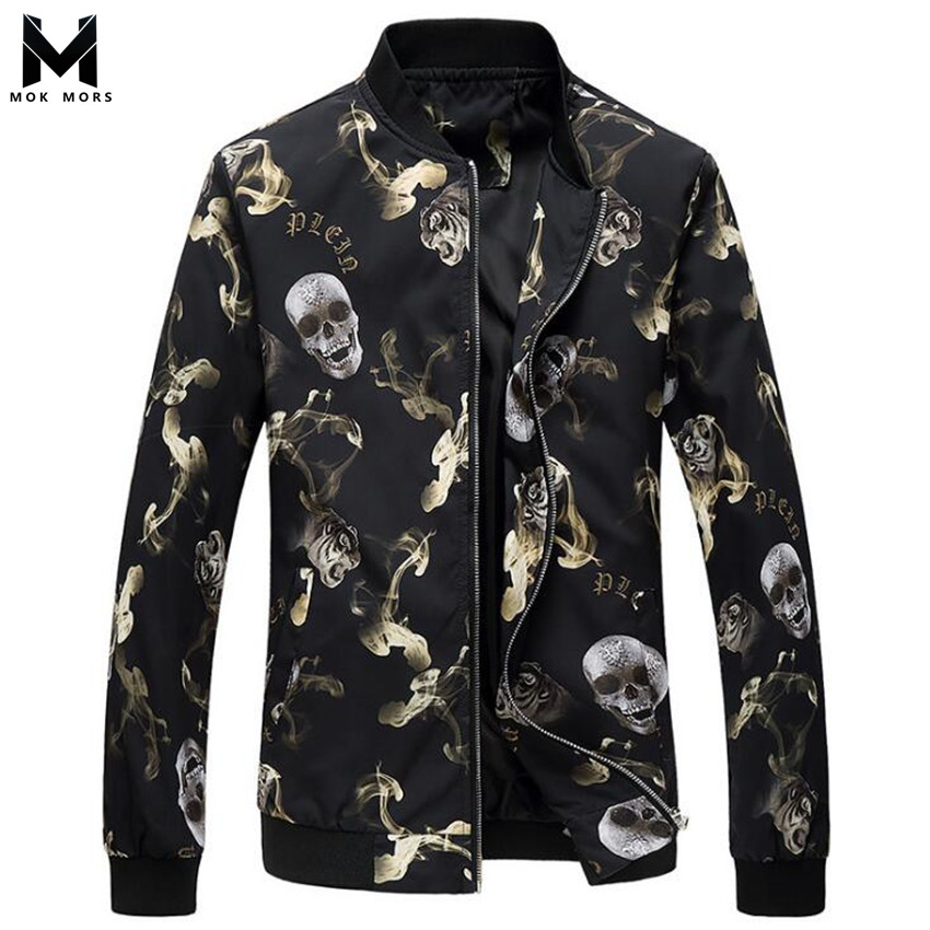 

Men's New Slim Collar Casual Zipper Long Sleeve Men Jacket Fashion High Street Wild Skull Printing Cotton Baseball Jacket, Picture