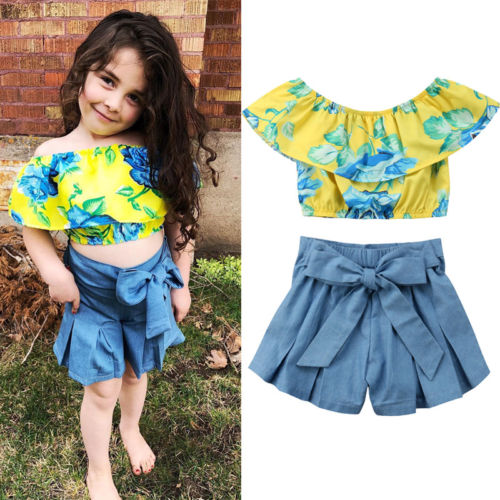 

2018 New Kids Girl Clothes Baby Girl Yellow Floral Ruffled Tops T-shirt+Short Denim Outfit Set Children Summer Clothes 0-5Y, As pic