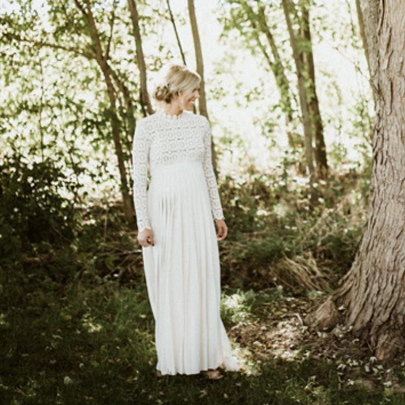 

maternity Photo clothes Women Pregnants Maternity Photography High Collar Long Sleeve Solid Lace Dress robe de femme enceinte, White