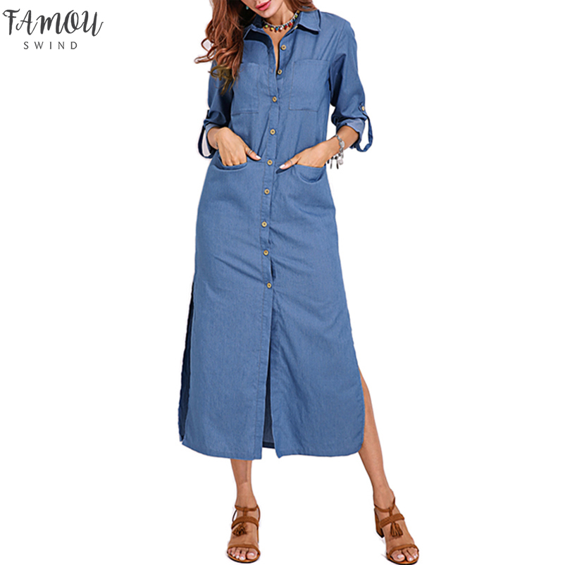 

Spring Fashion Denim Blue Dress Women Casual Lapel Long Sleeve Shirt Vestido Elegant Work OL Sundress, Light blue