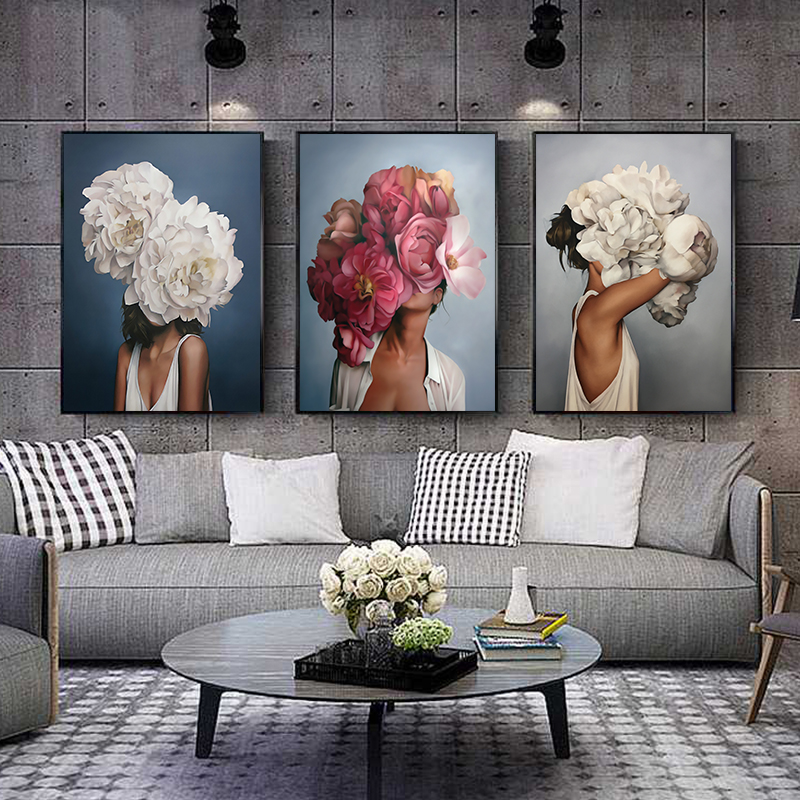 

Flowers Feathers Woman Abstract Canvas Painting Wall Art Print Poster Picture Decorative Painting Living Room Home Decoration