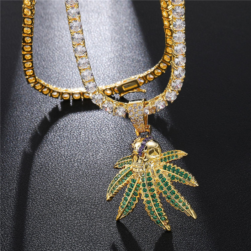

Bling Full Cubic Zircon Necklace Hip Hop Leaf Pendant Jewelry With Free 24 Inches Iced Out Tennis Chain