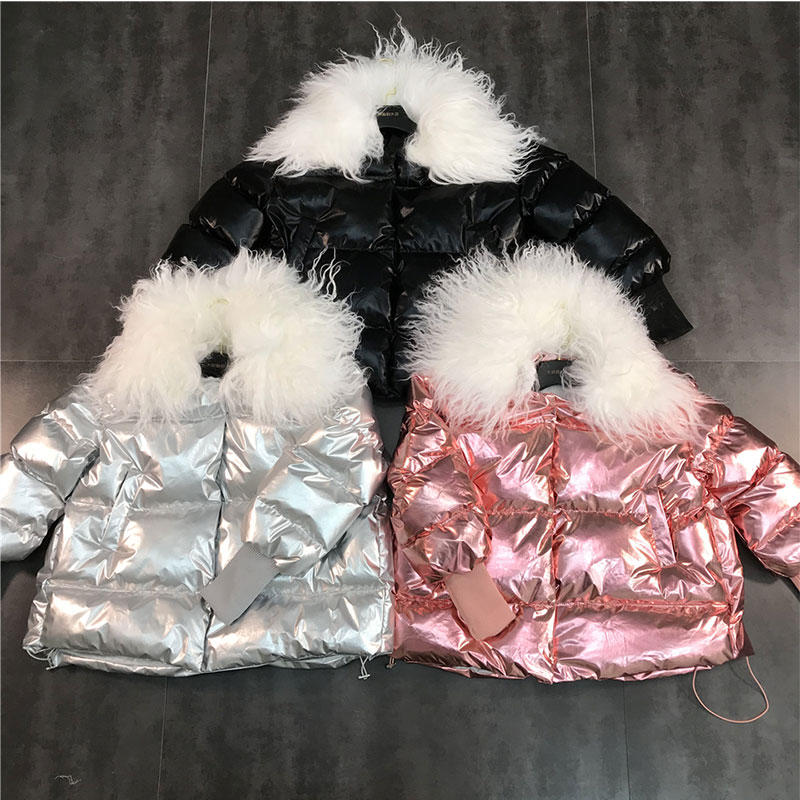 

Metal glossy Winter Jacket Women Mongolian lamb fur collar Vintage Jacket Coat Warm Cotton Short Coat Streetwear Parka, Silver