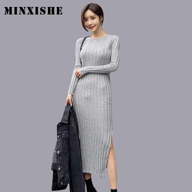 

Winter Womens Dress O-neck Knitted Office Lady Korean style Bodycon Maxi Dresses Party Long sleeve sweater Solid Color Vestidos, Gray