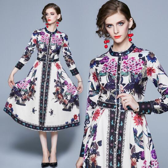 

Fall New Fashion Slim Print Long Sleeve A-Line Skirt, As the picture