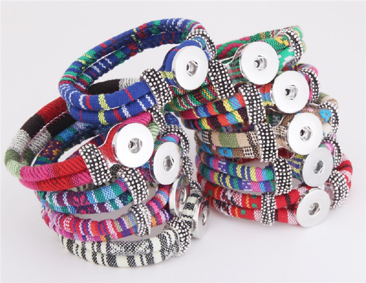 

Bohemian Multicolor Cotton Cords Bracelets Silver Color Ethnic Wrap NOOSA Snap Button Jewelry Women Accessories Pulseras Mujer B194, Golden;silver