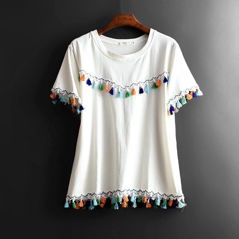 

Korean Womens Color Bar Pendant Tassel T Shirt Summer Femme Cotton Loose Tops Shirts 2020 Ladies Casual O-neck Top T-shirt, White
