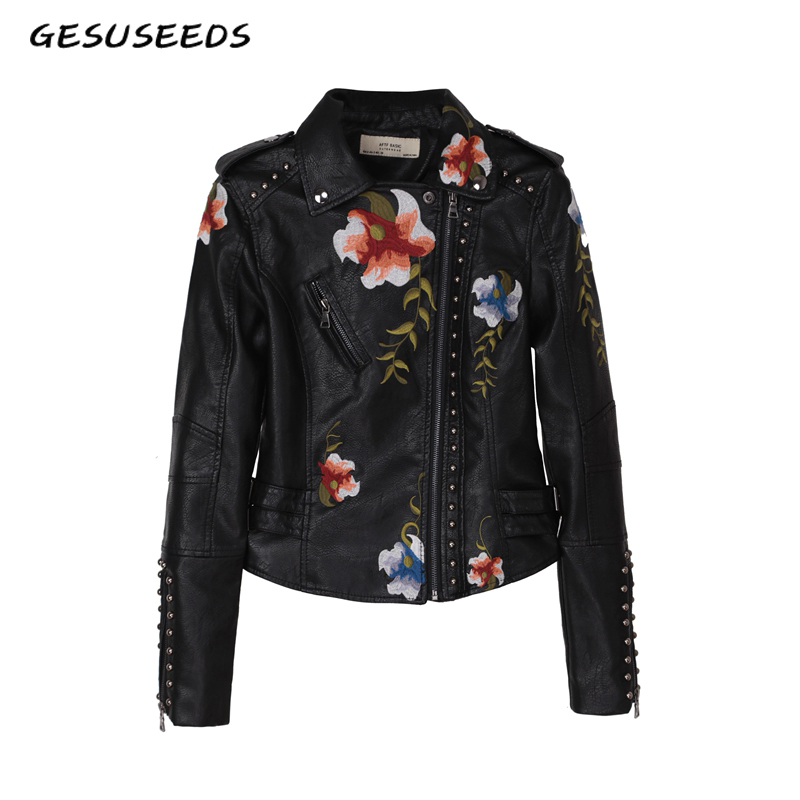 

Floral embroidery faux leather coat black faux leather jacket white biker motorcycle jacket women zipper punk autumn winter 2019