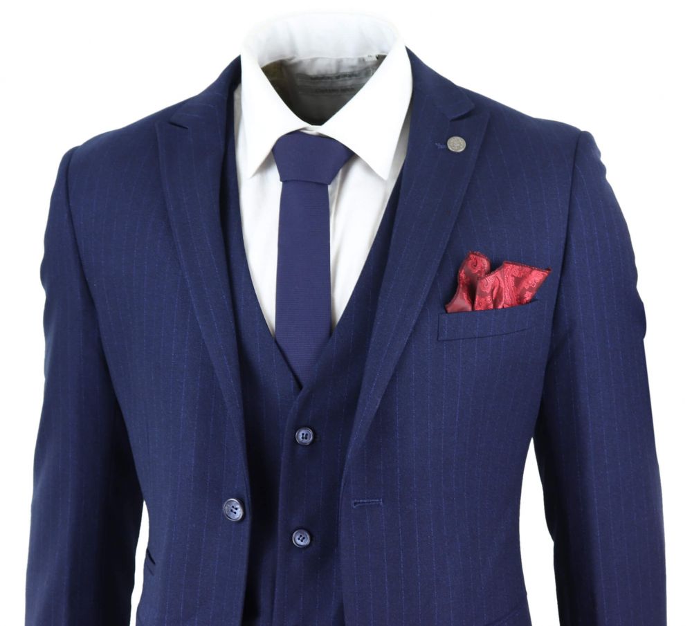 

Mens Suits Navy-Blue 3 Piece Pinstripe Mafia Suit Tailored Fit Double Breast Vintage Wool Fit Peaky Blinders Slim Fit Wedding Tuxedos, Same as image