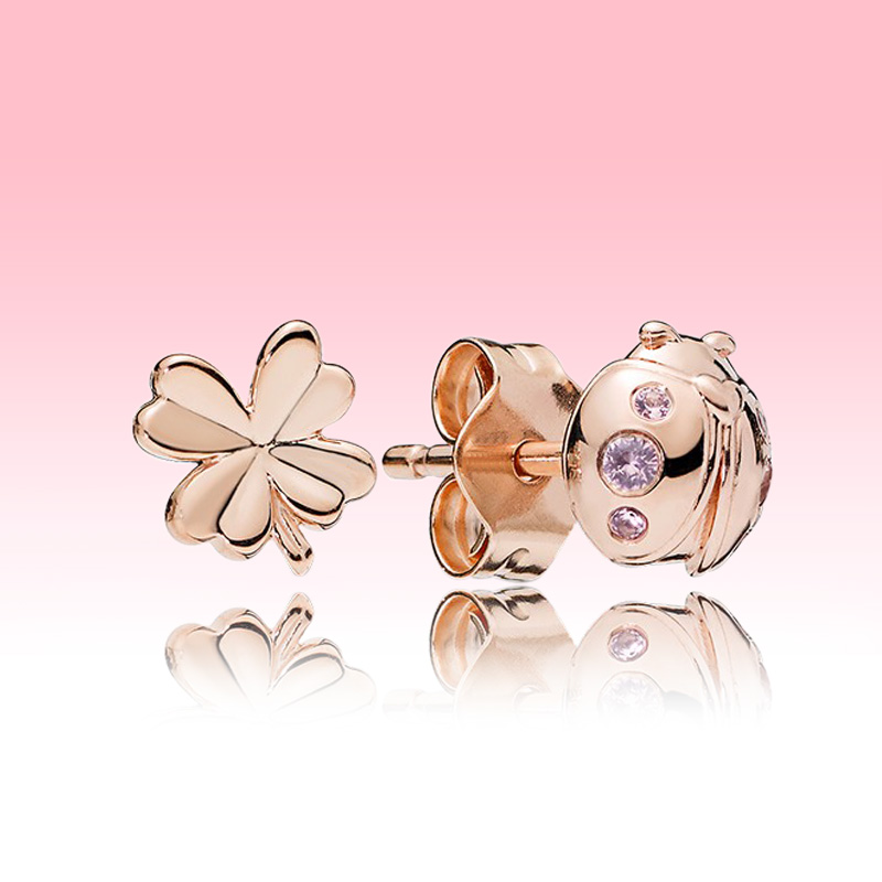 Clover & Ladybird Stud Earrings Authentic 925 Sterling Silver designer Earrings Women Wedding Party Jewelry Rose Gold earrings with Luxurious Ret