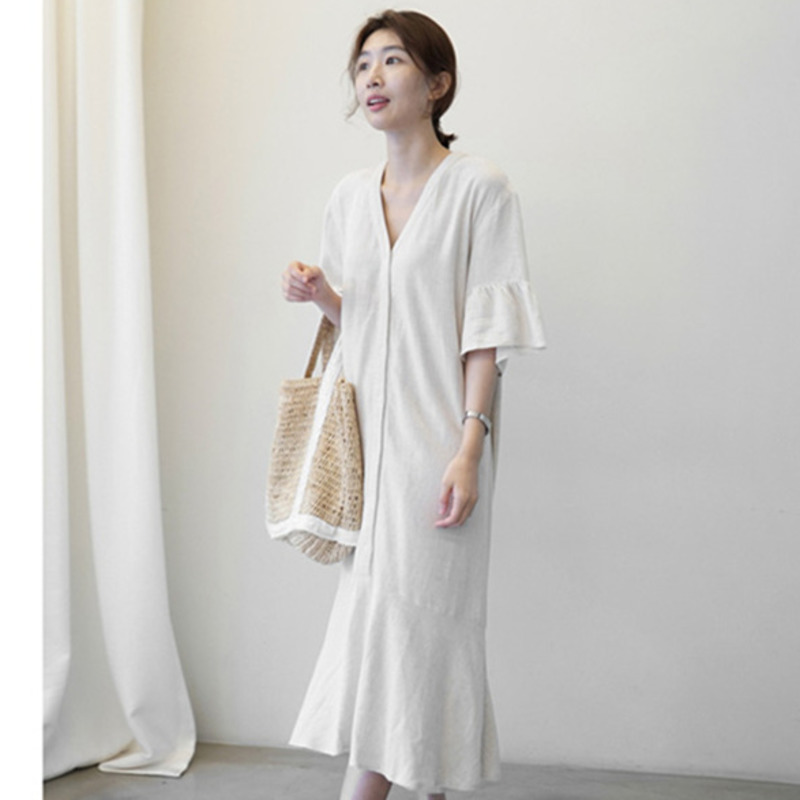 

Women' Cold Style Simple Temperament Straight V-neck Long 2020 Summer Dress New Loose Dress Cotton Linen Big Size 2XL E129, Black