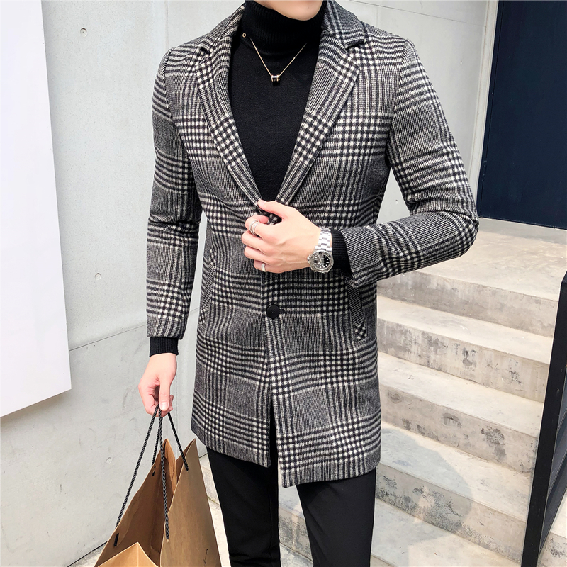 

Autumn Winter Overcoat Woolen Coat Gray Black Plaid Smart Casual Men's Wool Coat England Middle Long Coats Jackets Slim Male