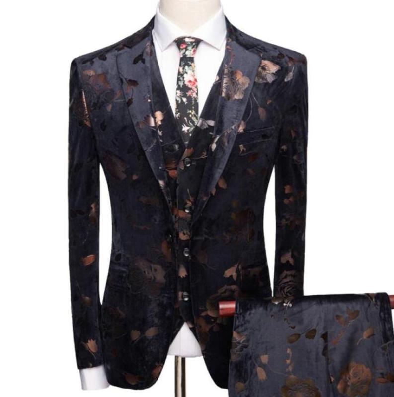 

New Man Large Size Trousers Suits Mens Single Breasted Suits Dress Slim Printed Wedding 3 Piece Suit, Black