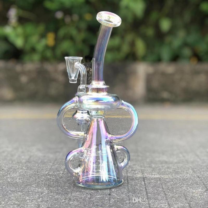 

shiny rainbow dab oil rig hookah glass water pipe bong heady wax 8 inch klein recycler bubbler mini small smoking accessories with quartz banger