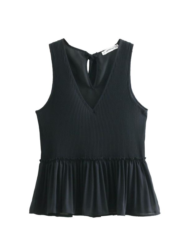 

Women Black White V Neck Blouse Chiffon Pleated Sleeveless Female Casual Shirts Sweet Solid Chic Summer Tops Blusas, 02