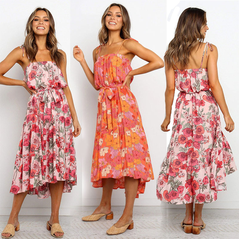 Les femmes Boho Sling robe 5 couleurs Lady Maxi vrac Robe imprimé floral Robes Femmes Casual Backless Ruffle Robe asymétrique S-XL 060402