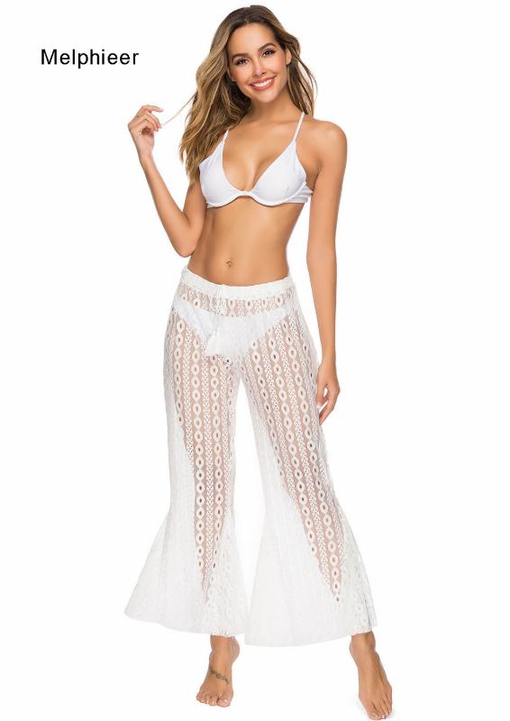 

Melphieer Lady's 2020 Beachwear Clothing Lace Semi Sheer Trousers Loose Big flared Cover Pants Bikini Beach Cover Bottom Hot