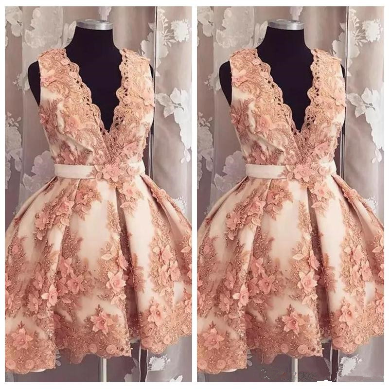

2019 Sexy Deep V-Neck A-Line short Homecoming Dresses With 3D Flowers Adorned mini Formal Graduations Party Gowns Custom Vestidos De Prom, Pink