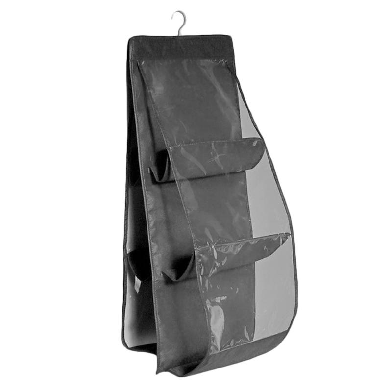 

6 Pocket Folding Hanging Handbag Purse Storage Large Clear Holder Anti-dust Organizer Rack Hook Hanger, Black