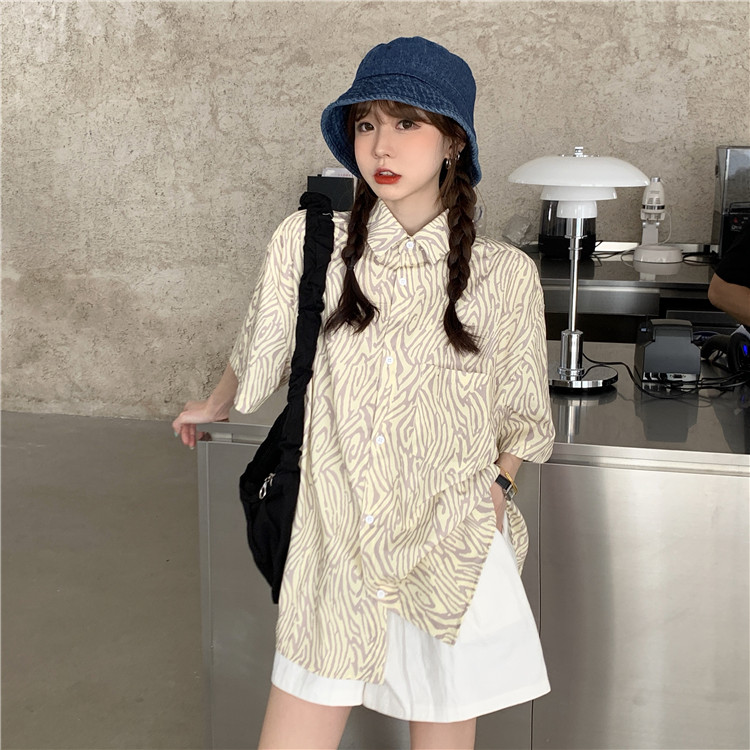

Loose Zebra Pattern Turn-down Collar Summer Harajuku Style Women's Clothing Fashion Blouses Korean Shirts Hipster Ladies Tops, Yellow