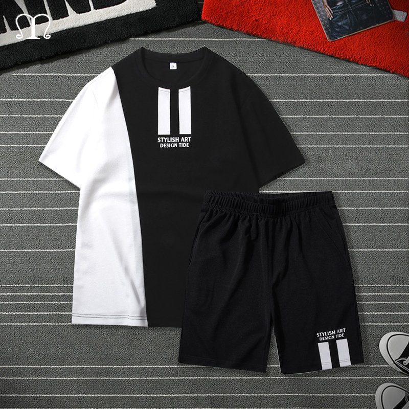 

Patchwork Men Tracksuit Set T Shirt Summer Two Pieces Sporting Track Suit Male Sets Printed Tee Tops Shorts Set Mens Track Suit, Csa192 black