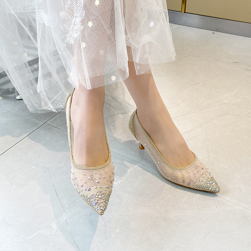 

Colorful Rhinestones Lace High Heels Women Shiny Pointed Toe Pumps Summer Elegant Breathable Thin Heel Sandals Women 2020, Beige