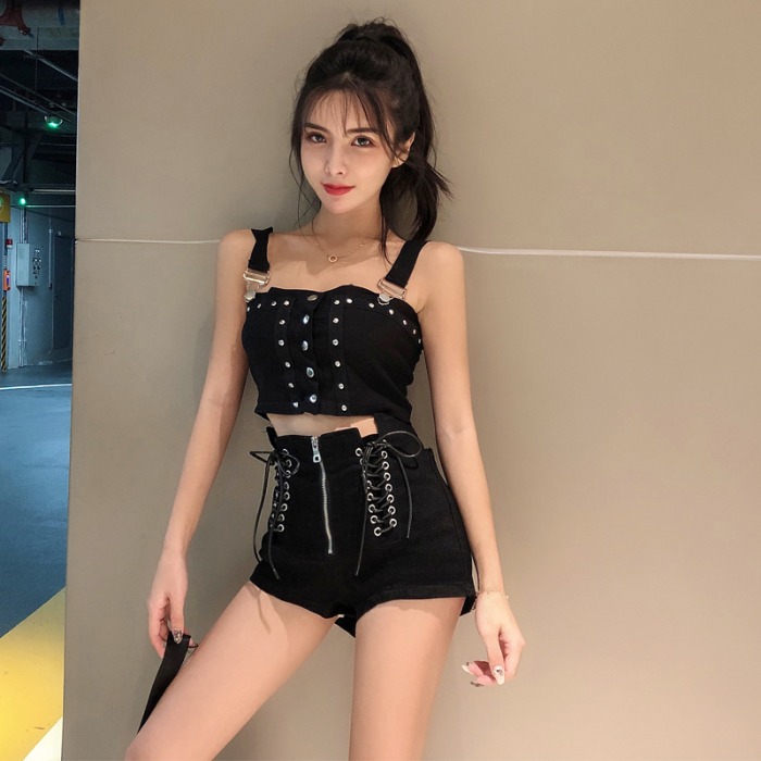 

2020 Summer New Jeans Shorts High-waisted Cowboy Pants Women's Bandage Cloth Super Short Shorts Slimming Hot Pants Girls, White knitted vest