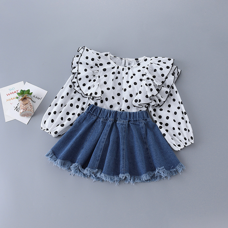 

Baby Girl Fashion Clothing Set Dot Ruffles Tops Shirts+ Denim Skirts,kids Girls Princess Wear Children Elegant Suits Clothes, Camel