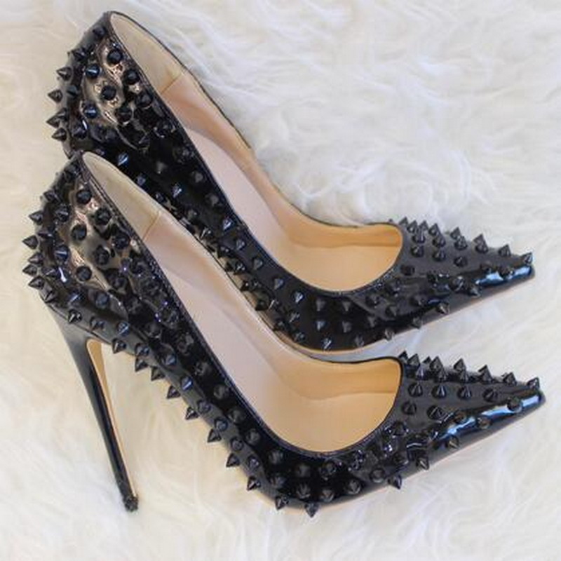 

Free shipping fashion women pumps Black patent leather spikes point toe high heels thin heel shoes sexy lady genuine leather 120mm 100mm, Heel 12cm