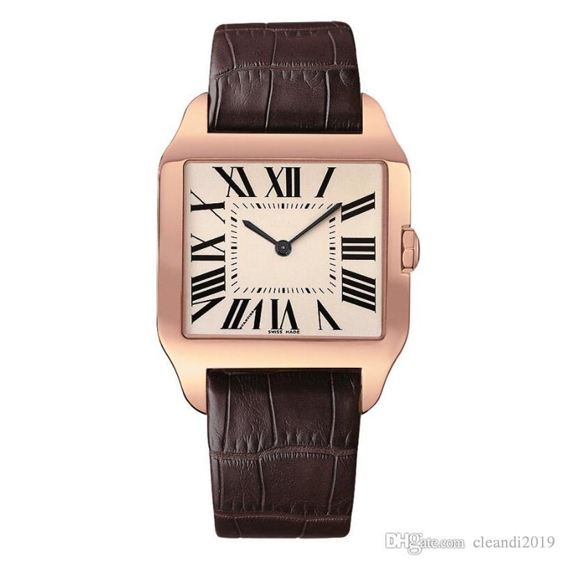

2019 Rose Gold New men watch Gentalmen luxury watches women fashion wristwatch leather brown square dial Female Relogio Montre male clock, Silver black big